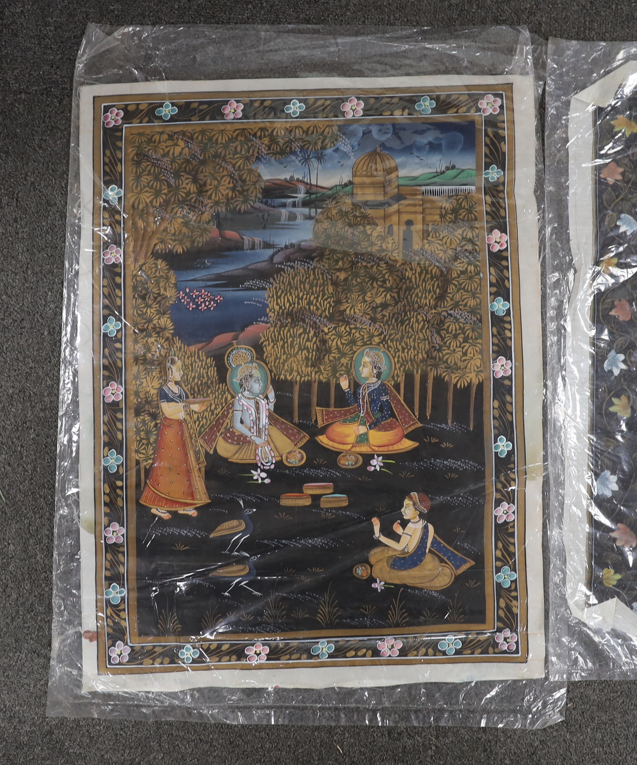 Indian Mughal style, set of three watercolours, emperor and attendants and figures dancing, unframed, 52 x 39cm